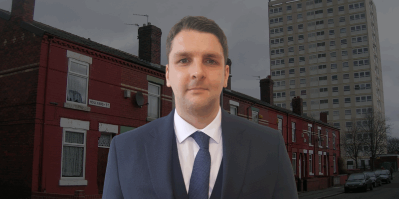 A picture of Alexander McColl in front of a fade image of a street of terraced housing and a block of flats in the background