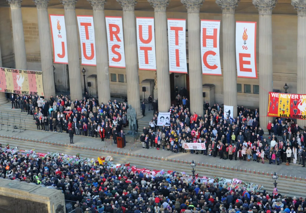A 2016 vigil for the Hillsborough families outside St George’s Hall, Liverpool, following the inquest ruling that the 97 fans were unlawfully killed. Credit: St George’s Hall.