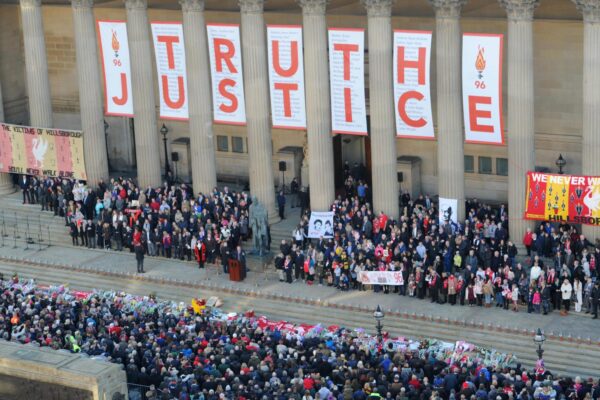 A 2016 vigil for the Hillsborough families outside St George’s Hall, Liverpool, following the inquest ruling that the 97 fans were unlawfully killed. Credit: St George’s Hall.