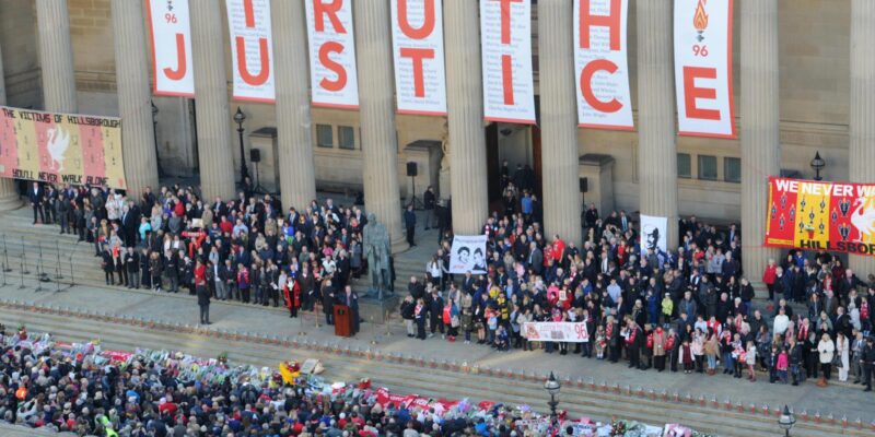 A 2016 vigil for the Hillsborough families outside St George’s Hall, Liverpool, following the inquest ruling that the 97 fans were unlawfully killed. Credit: St George’s Hall.