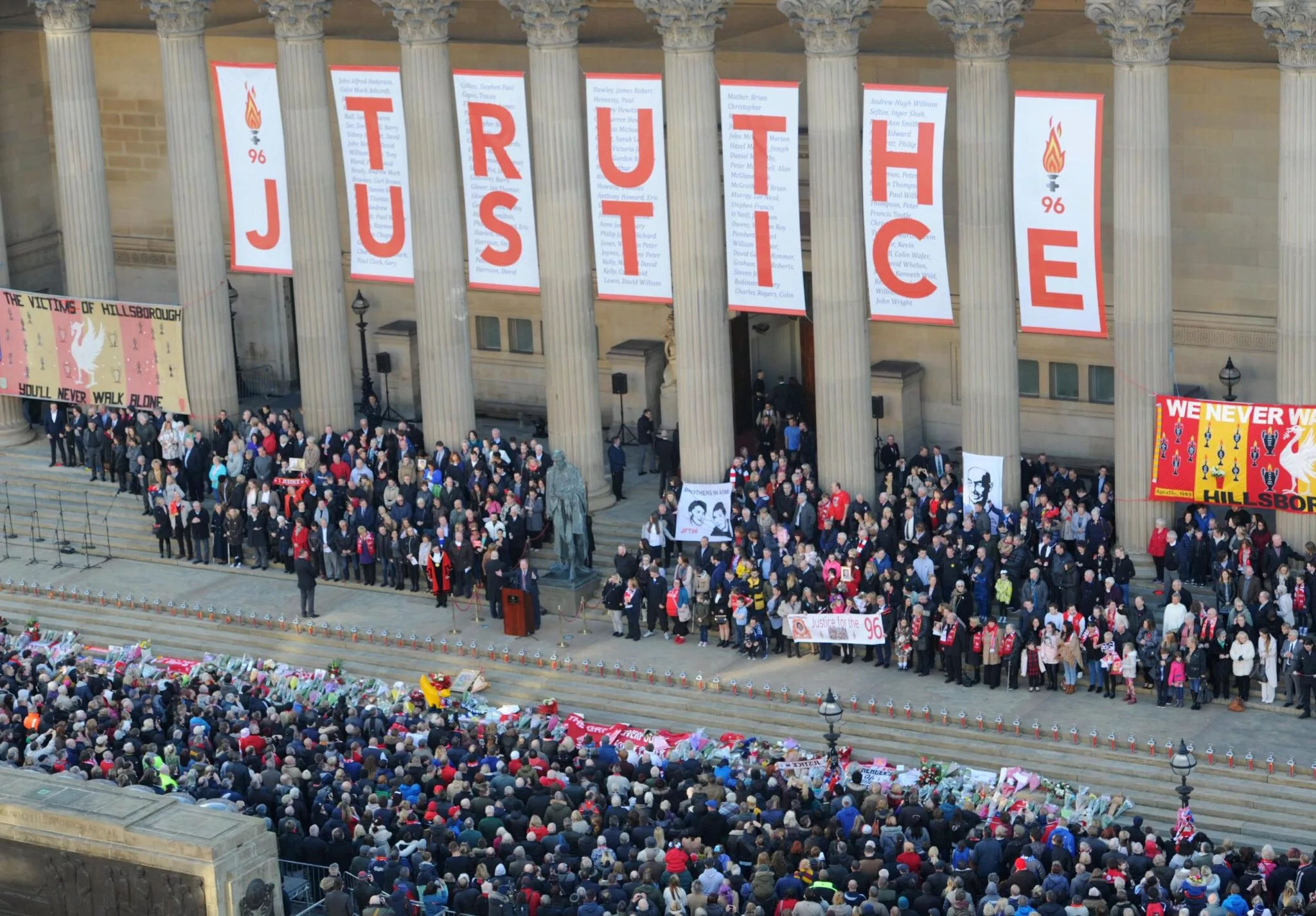 A 2016 vigil for the Hillsborough families outside St George’s Hall, Liverpool, following the inquest ruling that the 97 fans were unlawfully killed. Credit: St George’s Hall.