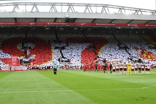 A tribute to the 97 Hillsborough victims before Liverpool FC's Premier League match against West Ham United on 13 April, 2025, at Anfield Stadium, Liverpool. Credi: Liverpool FC.