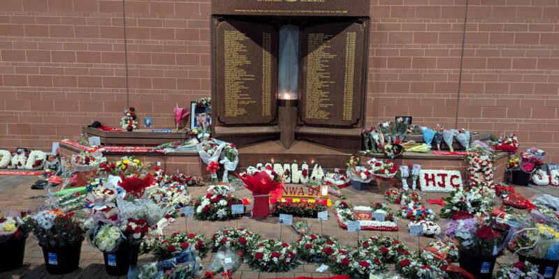 Wreaths and tributes to the 97 at the Hillsborough Memorial outside Anfield Stadium in Liverpool. Credit: Alex Blair / Garden Court North Chambers.