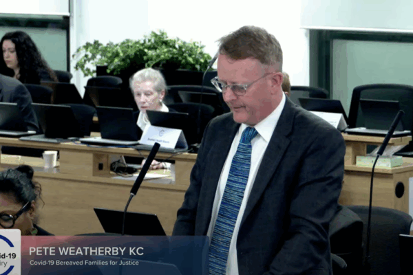 Garden Court North's Pete Weatherby KC (pictured) delivers opening submissions for the Covid-19 Bereaved Families for Justice for Module 7 of the Inquiry on 12 May, 2025. Credit: UK Covid-19 Inquiry / YouTube.