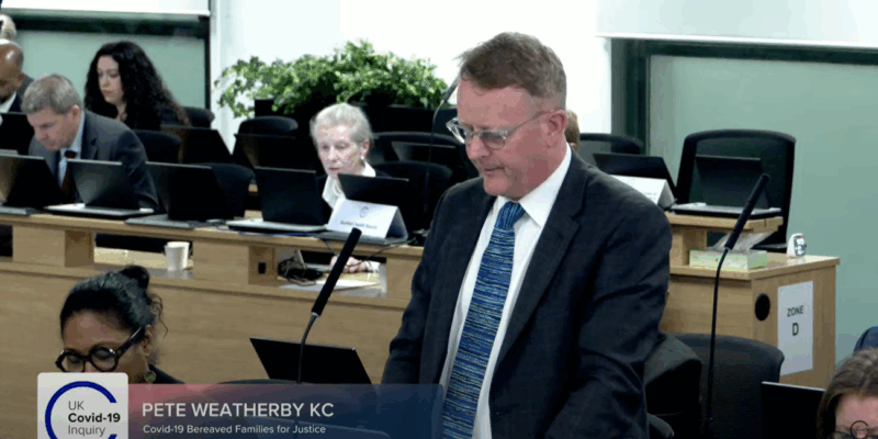 Garden Court North's Pete Weatherby KC (pictured) delivers opening submissions for the Covid-19 Bereaved Families for Justice for Module 7 of the Inquiry on 12 May, 2025. Credit: UK Covid-19 Inquiry / YouTube.