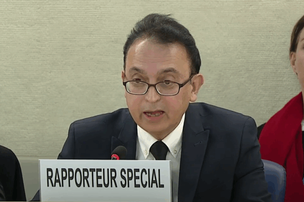 Professor Javaid Rehman (pictured) addresses the UN Human Rights Council as Special Rapporteur on 22 November 2022. Credit: UN Human Rights Council / YouTube.