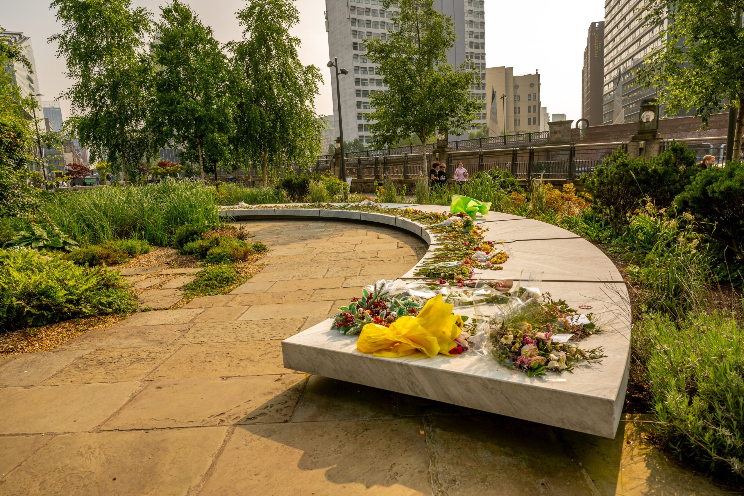 The Glade of Light Memorial near Manchester Cathedral commemorates the 22 victims of the attack. Credit: Manchester City Council.