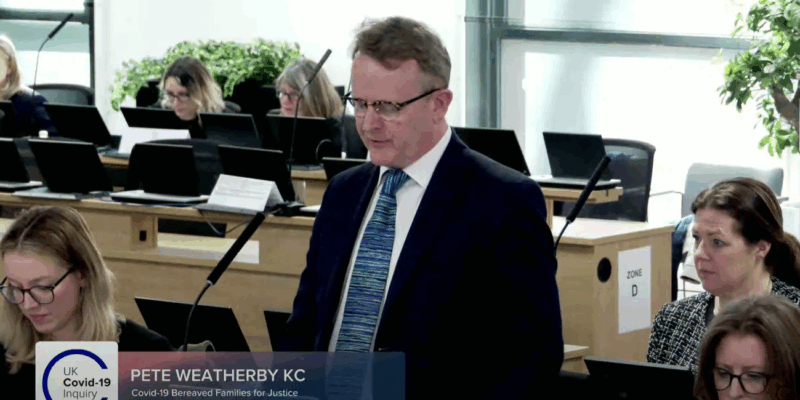 Garden Court North's Covid Inquiry team including Pete Weatherby KC (pictured) has represented the Covid-19 Bereaved Families for Justice throughout the public inquiry. Credit: Covid-19 Inquiry / YouTube.