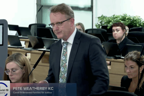 Garden Court North's Pete Weatherby KC (pictured) asks questions of former Health Secretary Matt Hancock on 2 July, 2025. Credit: Covid-19 Inquiry.