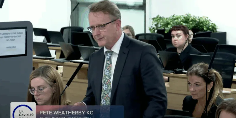 Garden Court North's Pete Weatherby KC (pictured) asks questions of former Health Secretary Matt Hancock on 2 July, 2025. Credit: Covid-19 Inquiry.