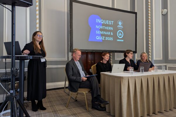 (Left to right) Leigh Day's Leanne Devine, Garden Court North's Pete Weatherby KC, Kate Stone, Anna Morris KC and Ison Harrison's Gemma Vine at the INQUEST Northern Conference on 18 September, 2025. Credit: Alex Blair / Garden Court North Chambers.