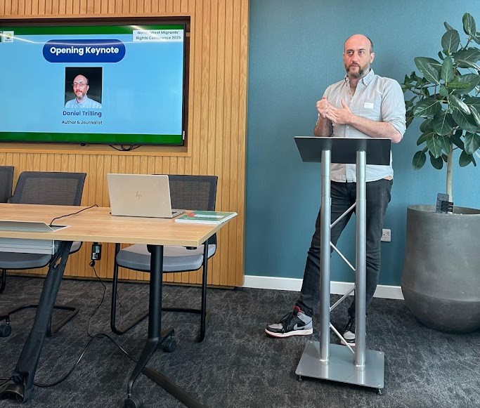Author and journalist Daniel Trilling (pictured) delivers the opening keynote of the North-West Migrants' Rights Conference on 30 September, 2025. Credit: Annie Rae / GMIAU.