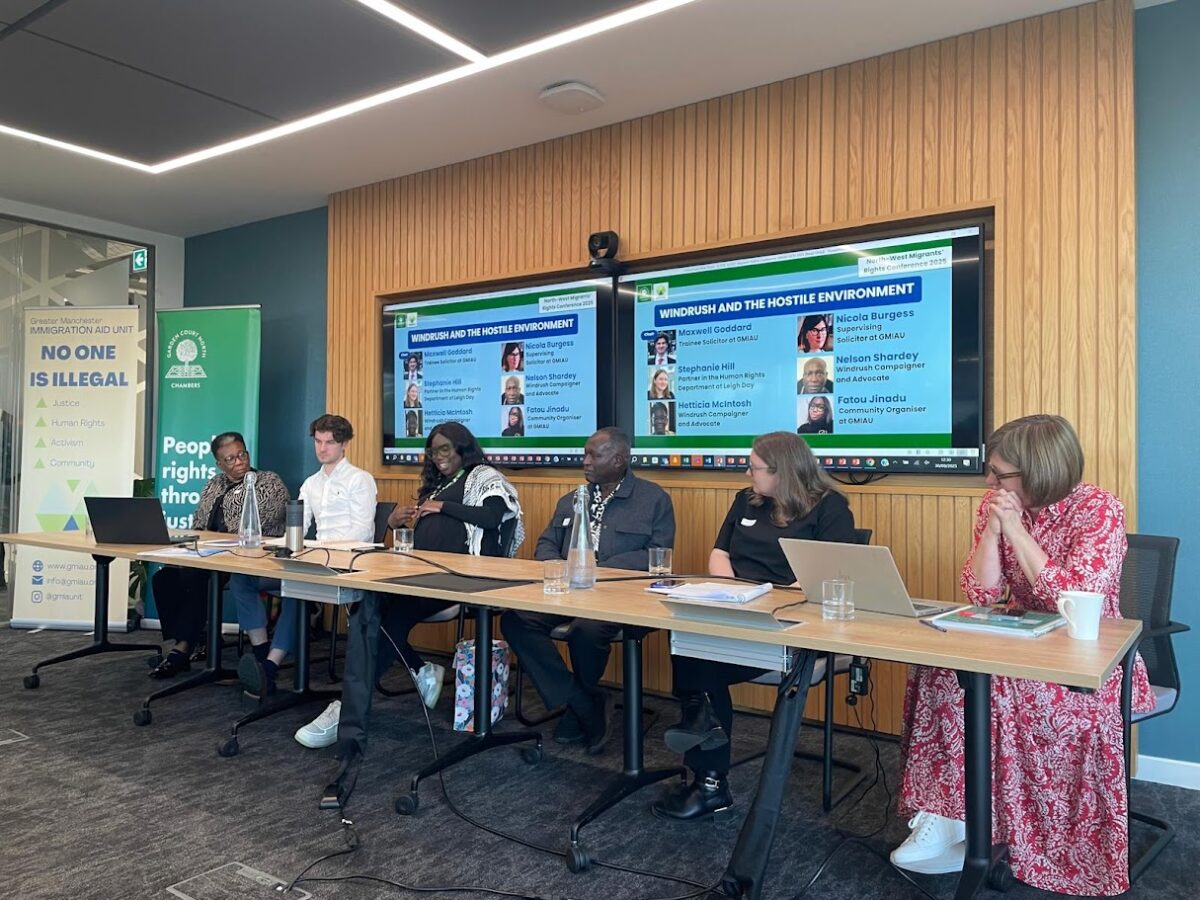 (Left to right) Hetticia McIntosh, Maxwell Goddard, Fatou Jinadu, Nelson Shardey, Stephanie Hill and Nicola Burgess on the 'Windrush and Hostile Environment' panel. Credit: Annie Rae / GMIAU.