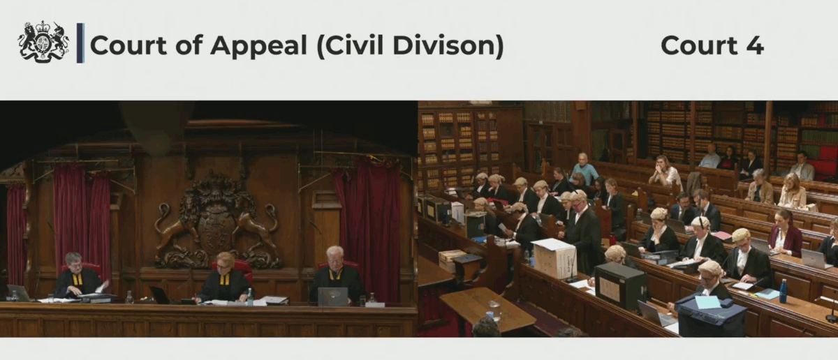 Sir James Eadie KC (stood, centre) delivers the Home Office position in the Court of Appeal on 25 September next to Counsel for Huda Ammori (sat, left). Credit: Court of Appeal.