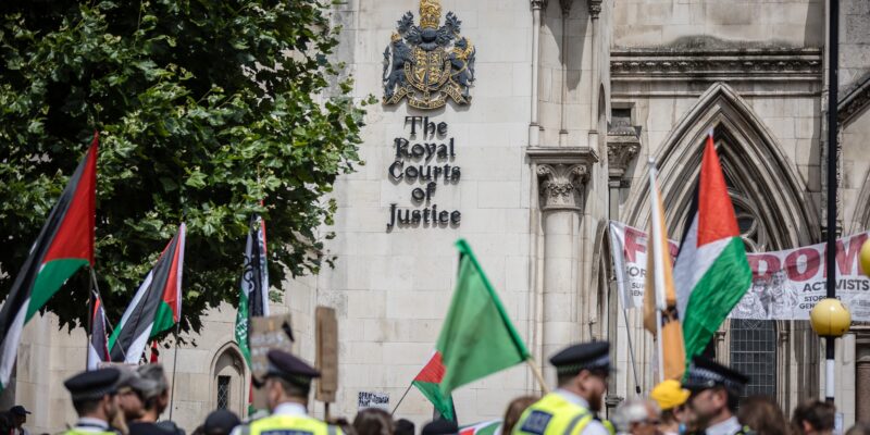 Protestors outside the Royal Courts of Justice in London demonstrate against Palestine Action's proscription in July 2025. Credit: Pete Speller / Shutterstock.