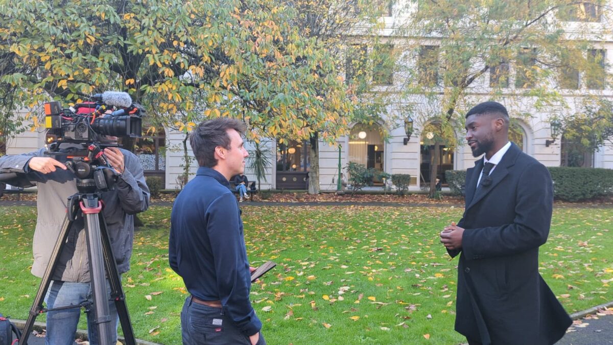 Garden Court North's Christian Weaver (right) speaks to Channel 5 on 27 October 2025. Credit: Alex Blair / Garden Court North Chambers.