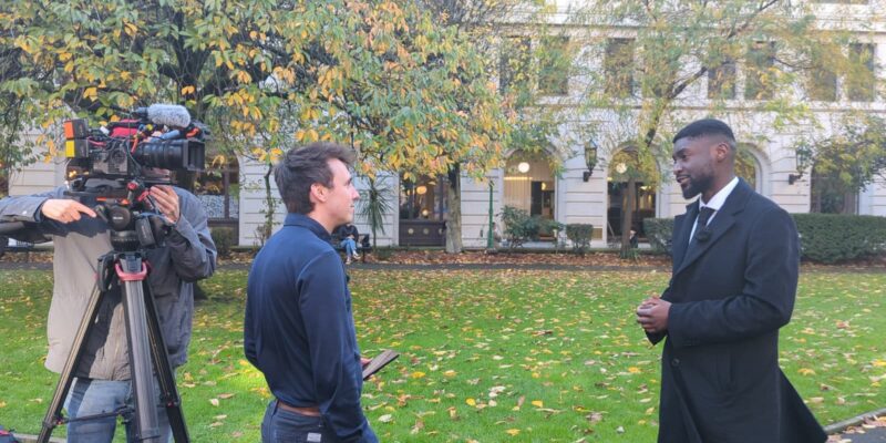 Garden Court North's Christian Weaver (right) speaks to Channel 5 on 27 October 2025. Credit: Alex Blair / Garden Court North Chambers.