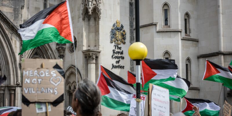 Protestors outside the Royal Courts of Justice following Palestine Action's proscription in July. Credit: Pete Speller / Shutterstock.