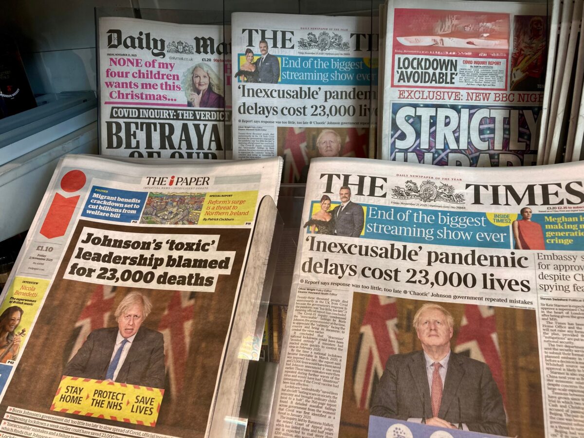 UK newspapers on 21 November 2025, the day after the Covid-19 Inquiry's Module 2 Report was released. Credit: Steve Travelguide / Shutterstock.