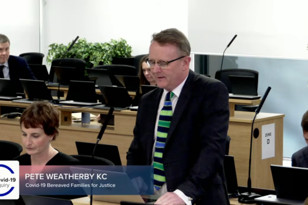 Garden Court North’s Covid Inquiry team, led by Pete Weatherby KC (pictured), represents the Covid-19 Bereaved Families for Justice UK. Credit: Covid-19 Inquiry / YouTube.