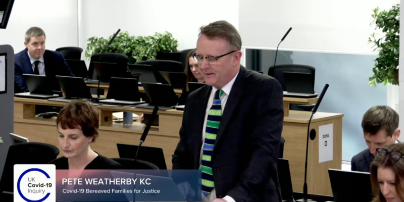Garden Court North’s Covid Inquiry team, led by Pete Weatherby KC (pictured), represents the Covid-19 Bereaved Families for Justice UK. Credit: Covid-19 Inquiry / YouTube.