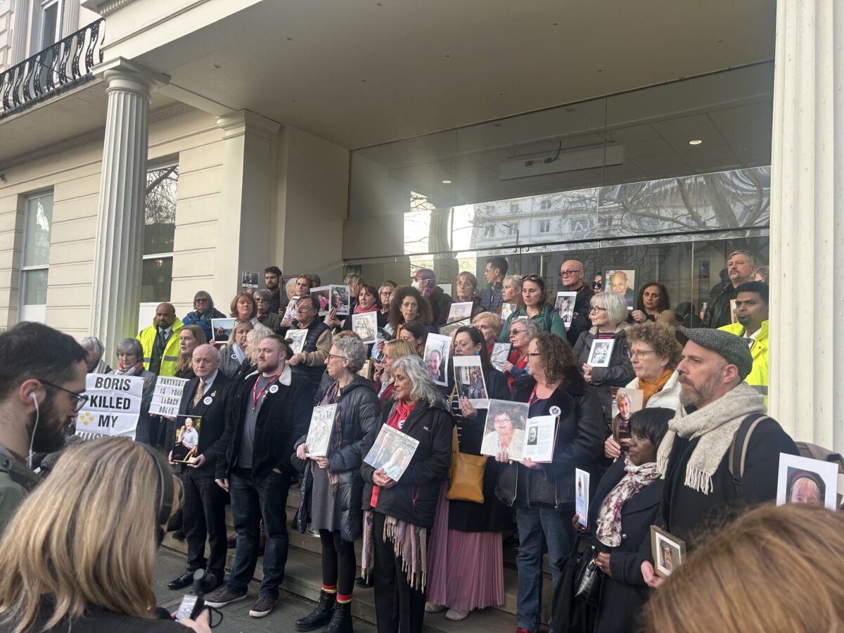 CBFFJ UK members outside the Covid-19 Inquiry at Dorland House, London, on 5 March 2026. Credit: Nicola Brook / Broudie Jackson Canter.