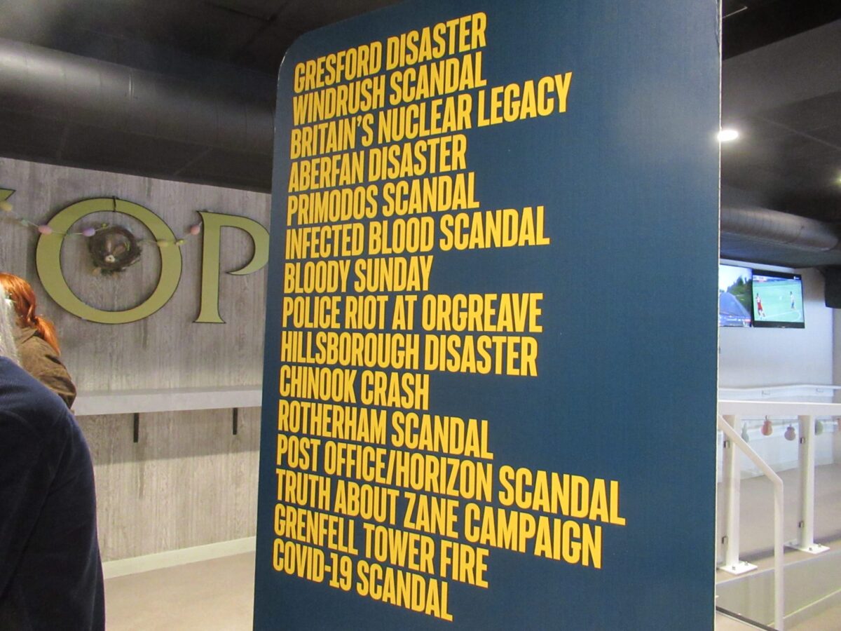 The exhibition was based on testimonies and quotes from bereaved families in numerous state-related disasters. Credit: Alex Blair / Garden Court North Chambers.