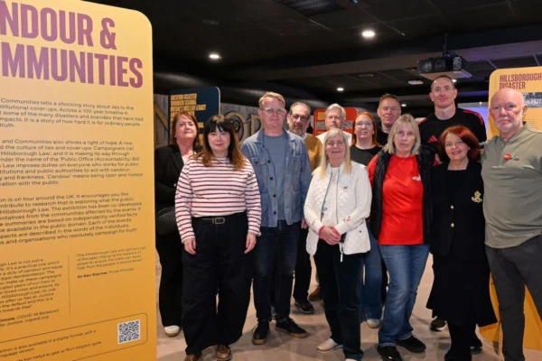 Garden Court North's Pete Weatherby KC (third from left) visited the Centre for People's Justice exhibition on Hillsborough Law on Tuesday (7 April 2026). Credit: Liverpool FC.