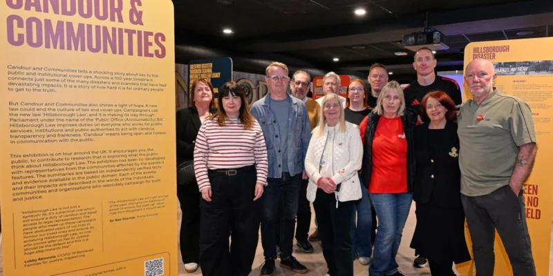 Garden Court North's Pete Weatherby KC (third from left) visited the Centre for People's Justice exhibition on Hillsborough Law on Tuesday (7 April 2026). Credit: Liverpool FC.