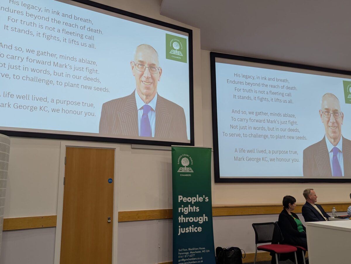 'The Lefty Lawyer', Professor Claire McGourlay's poem tribute for Mark George KC, on display at this year's lecture. Credit: Alex Blair / Garden Court North Chambers.