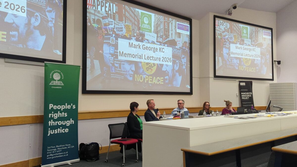 Left to right: Kate Flannery, Pete Weatherby KC, Matt Foot, Professor Claire McGourlay and Suzanne Gower at the University of Manchester on 21 April 2026. Credit: Alex Blair / Garden Court North Chambers.
