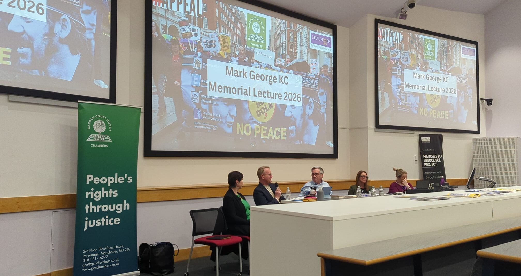 Left to right: Kate Flannery, Pete Weatherby KC, Matt Foot, Professor Claire McGourlay and Suzanne Gower at the University of Manchester on 21 April 2026. Credit: Alex Blair / Garden Court North Chambers.